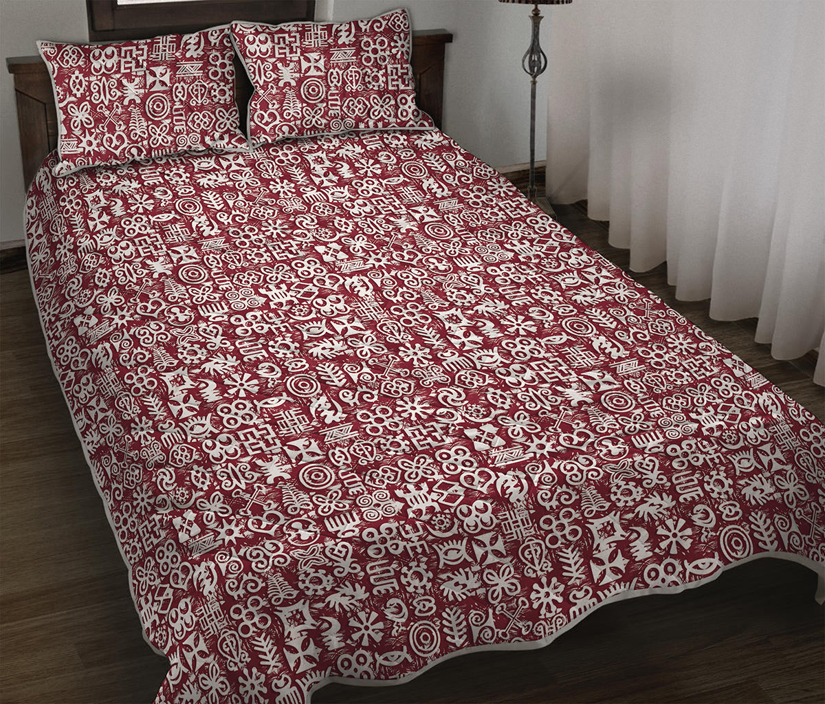 Red African Adinkra Tribe Symbols Quilt Bed Set