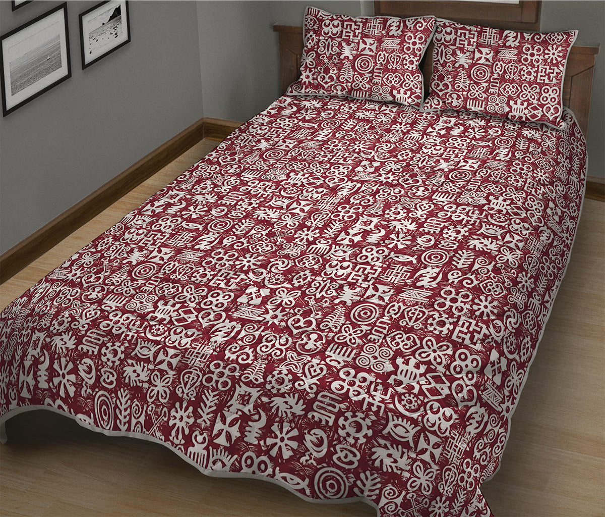 Red African Adinkra Tribe Symbols Quilt Bed Set