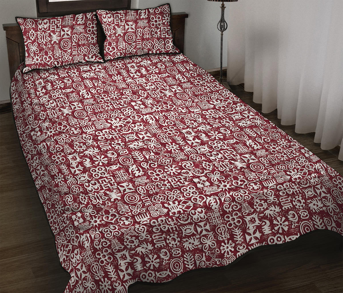 Red African Adinkra Tribe Symbols Quilt Bed Set