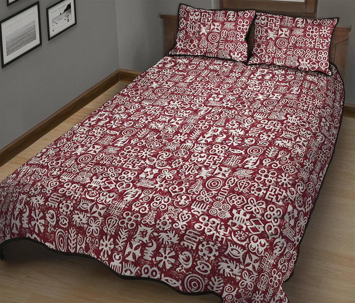 Red African Adinkra Tribe Symbols Quilt Bed Set