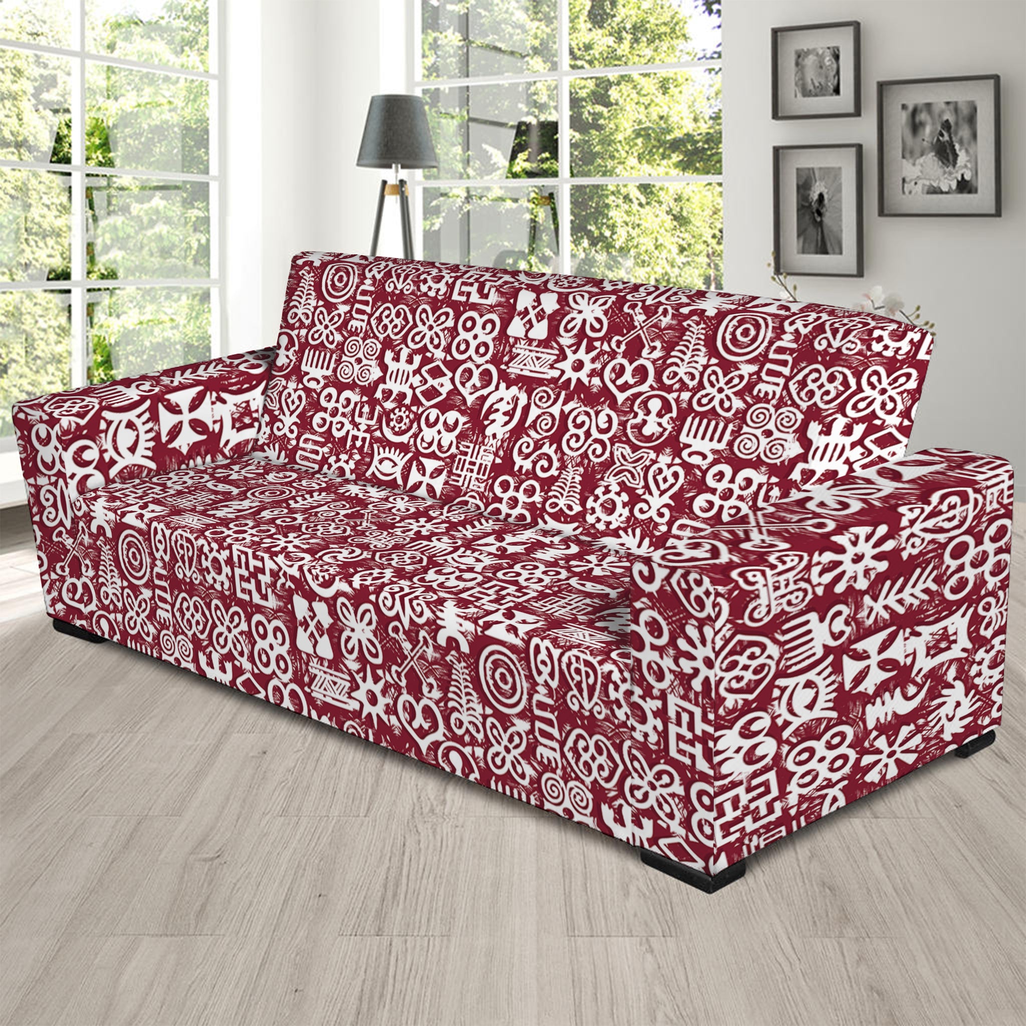 Red African Adinkra Tribe Symbols Sofa Slipcover