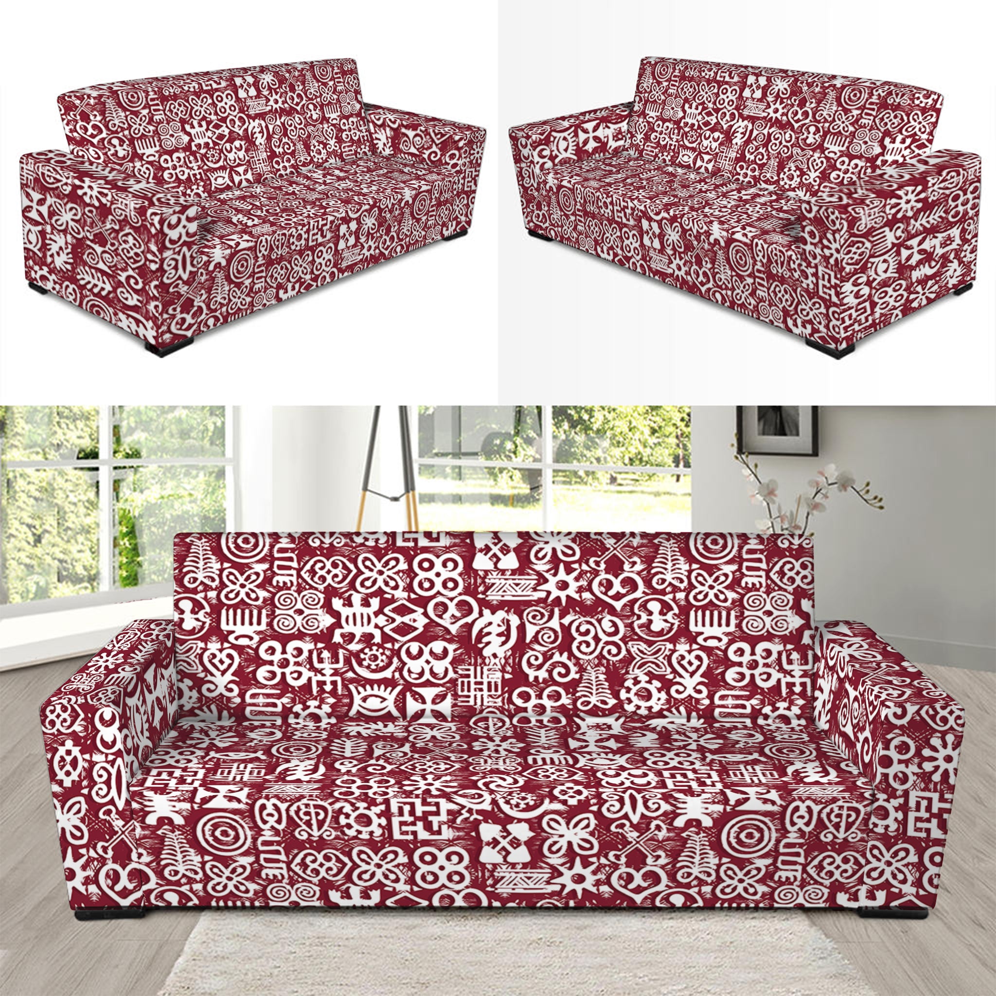 Red African Adinkra Tribe Symbols Sofa Slipcover