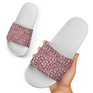 Red African Adinkra Tribe Symbols White Slide Sandals