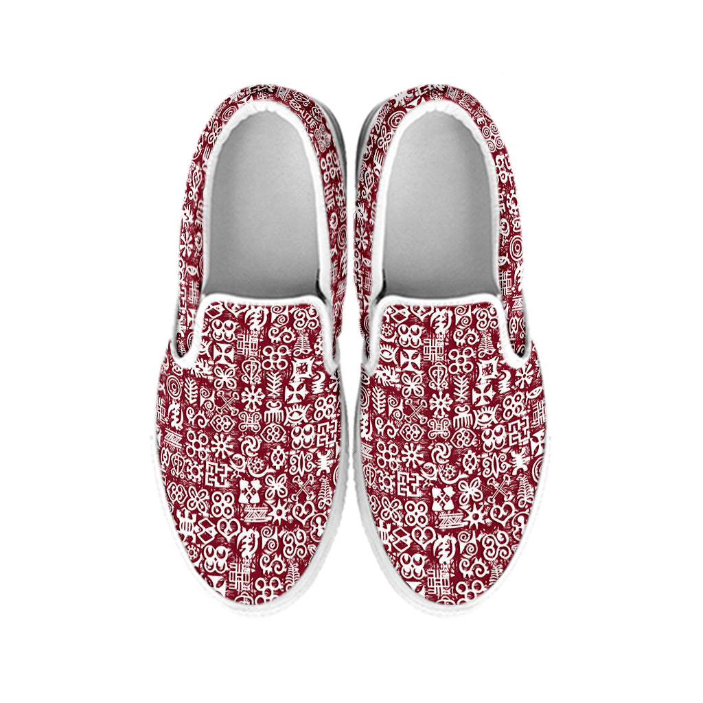 Red African Adinkra Tribe Symbols White Slip On Shoes