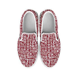 Red African Adinkra Tribe Symbols White Slip On Shoes