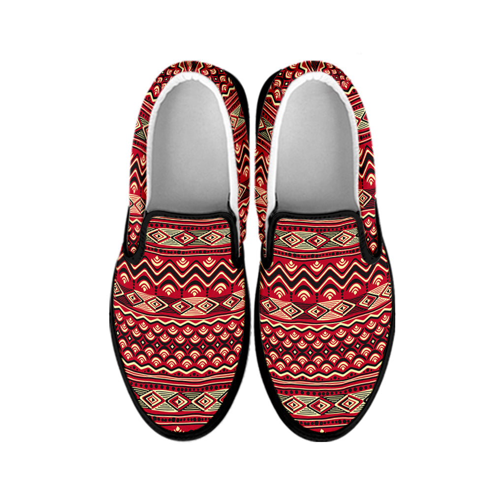 Red African Tribal Pattern Print Black Slip On Shoes