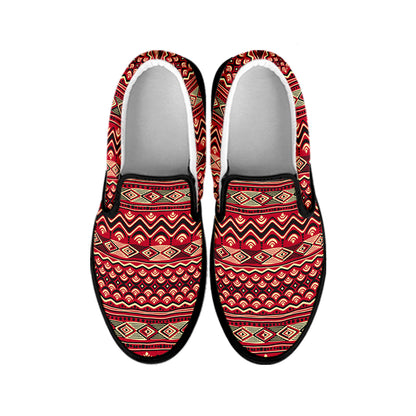 Red African Tribal Pattern Print Black Slip On Shoes