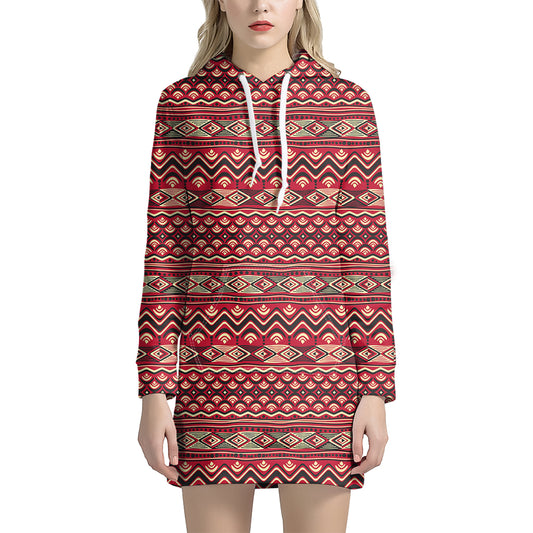 Red African Tribal Pattern Print Hoodie Dress