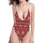 Red African Tribal Pattern Print One Piece High Cut Swimsuit