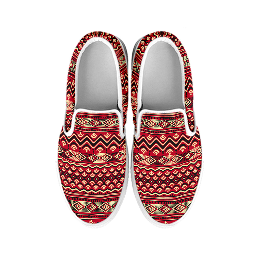 Red African Tribal Pattern Print White Slip On Shoes