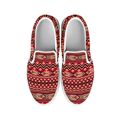 Red African Tribal Pattern Print White Slip On Shoes
