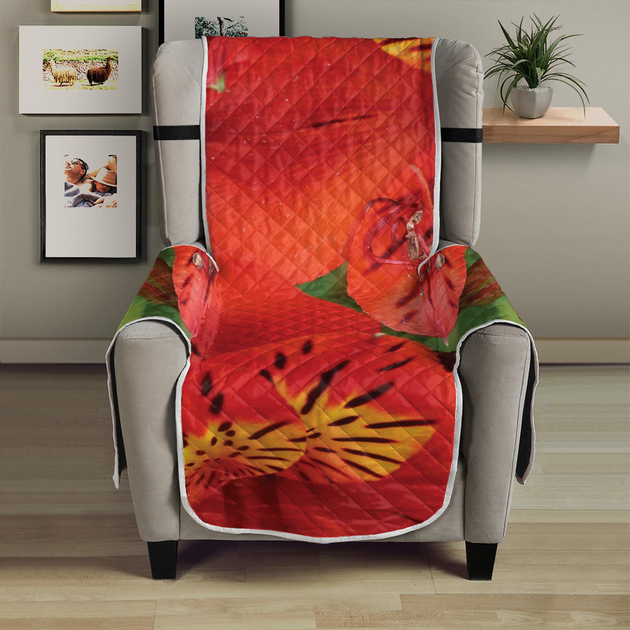 Red Alstroemeria Print Armchair Protector