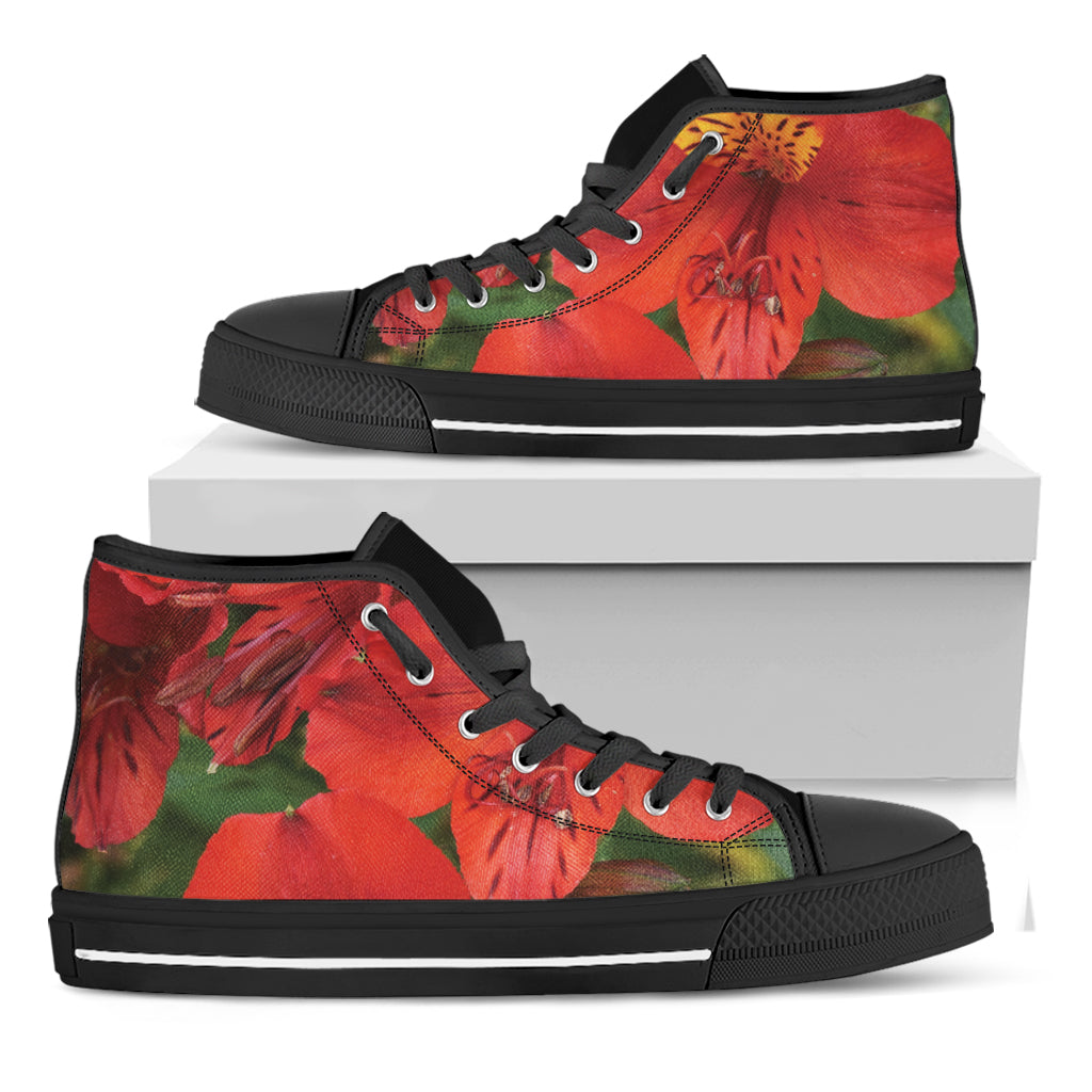 Red Alstroemeria Print Black High Top Shoes