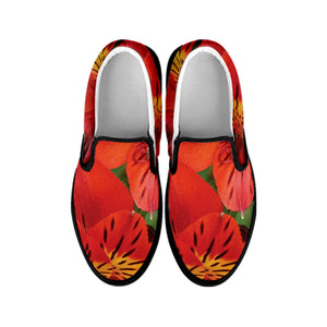 Red Alstroemeria Print Black Slip On Shoes