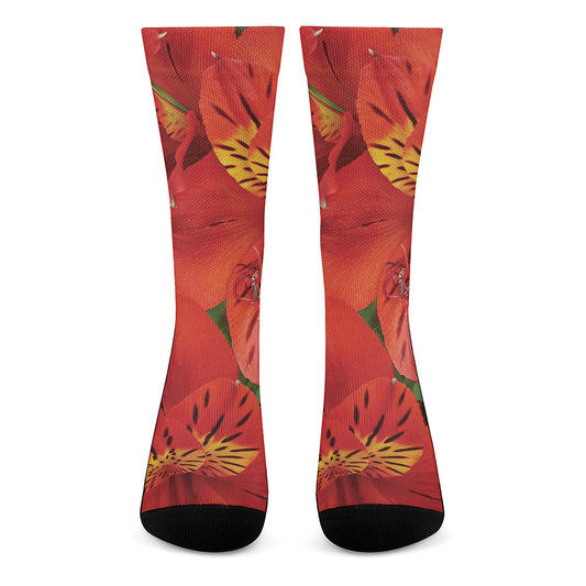 Red Alstroemeria Print Crew Socks