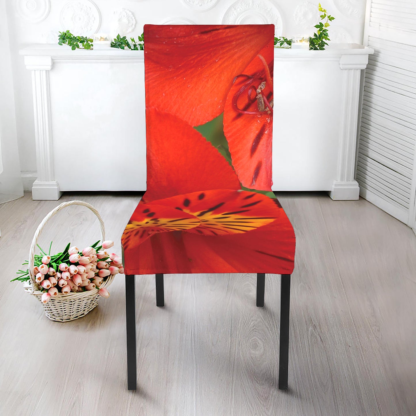 Red Alstroemeria Print Dining Chair Slipcover