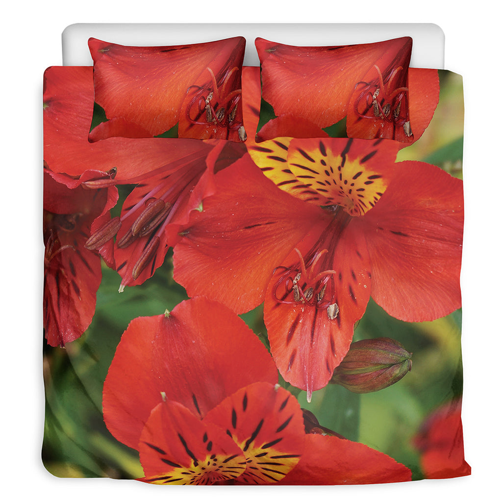 Red Alstroemeria Print Duvet Cover Bedding Set
