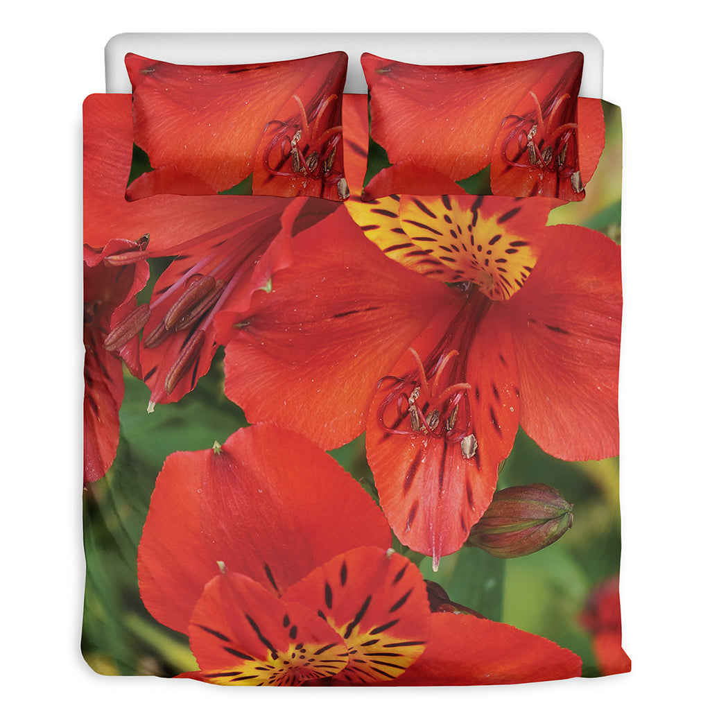 Red Alstroemeria Print Duvet Cover Bedding Set