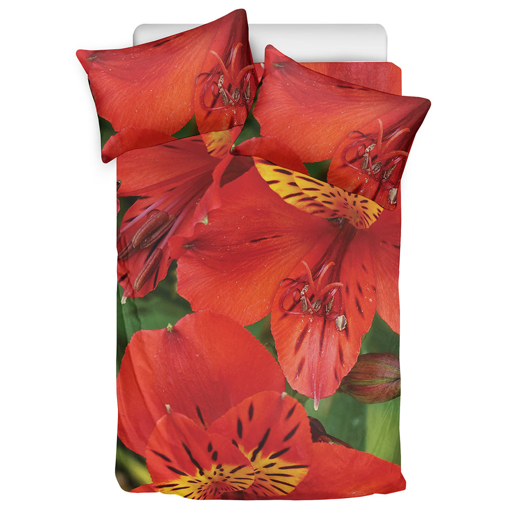 Red Alstroemeria Print Duvet Cover Bedding Set