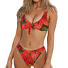 Red Alstroemeria Print Front Bow Tie Bikini