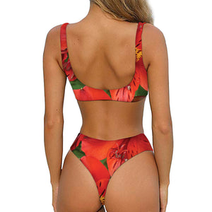 Red Alstroemeria Print Front Bow Tie Bikini