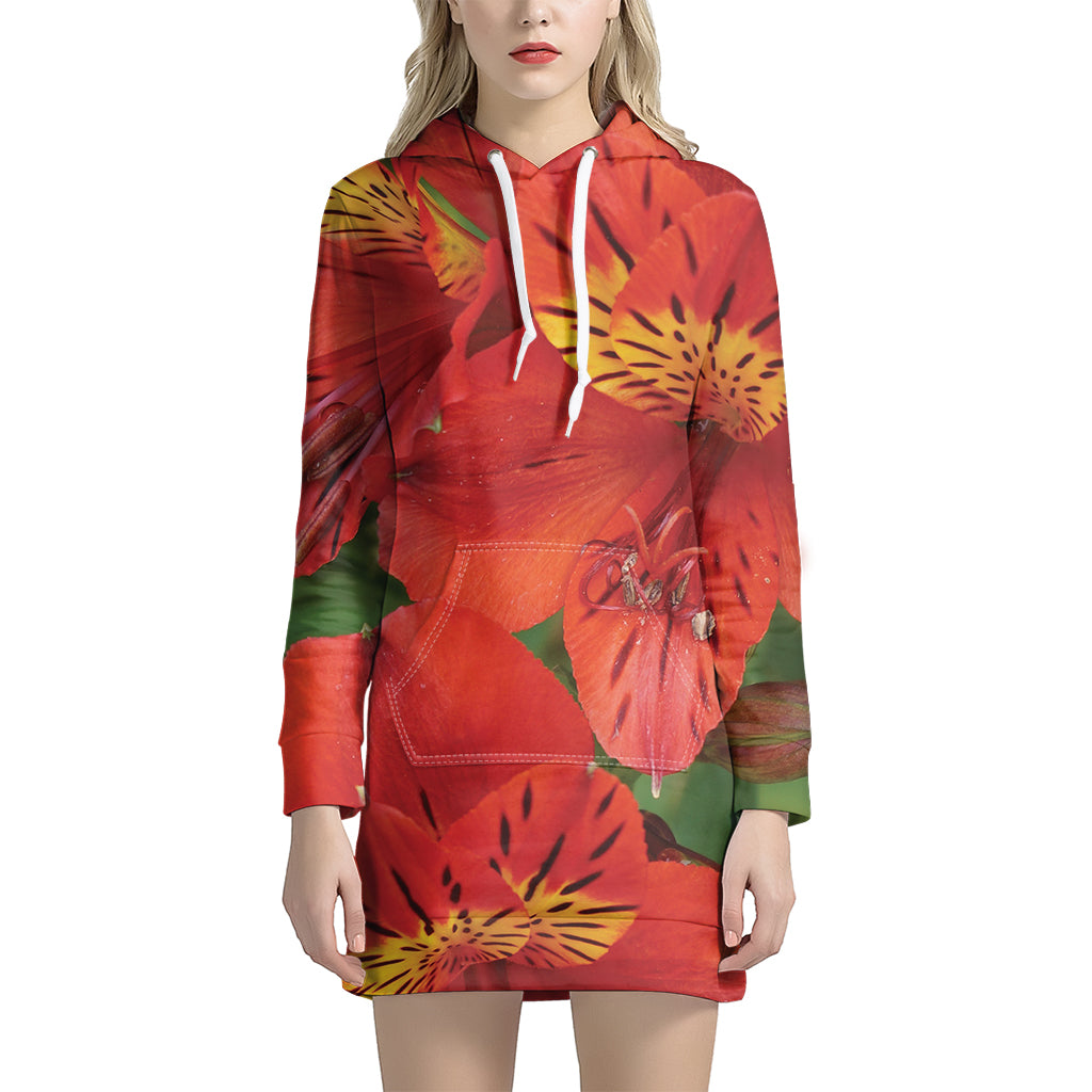 Red Alstroemeria Print Hoodie Dress