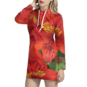 Red Alstroemeria Print Hoodie Dress