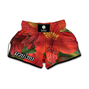 Red Alstroemeria Print Muay Thai Boxing Shorts