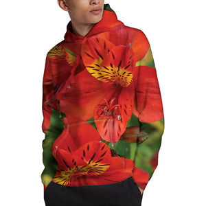 Red Alstroemeria Print Pullover Hoodie