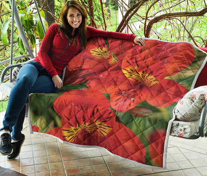 Red Alstroemeria Print Quilt