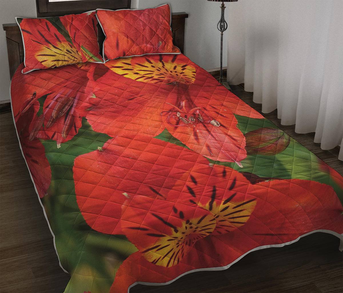 Red Alstroemeria Print Quilt Bed Set