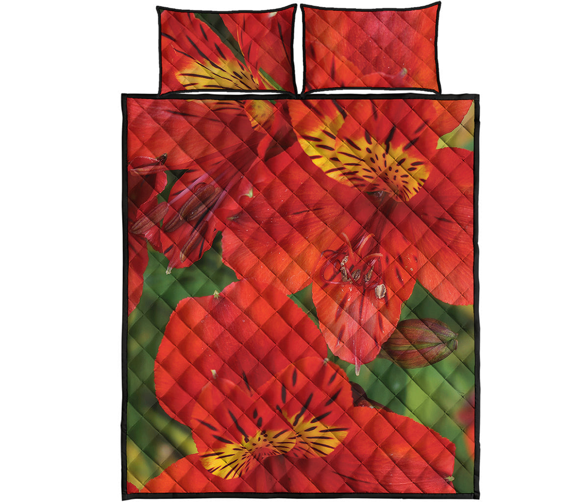 Red Alstroemeria Print Quilt Bed Set
