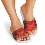 Red Alstroemeria Print White Slide Sandals