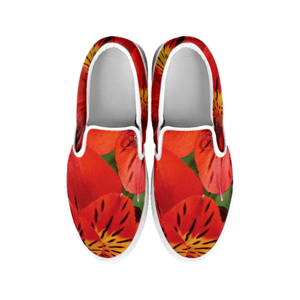 Red Alstroemeria Print White Slip On Shoes