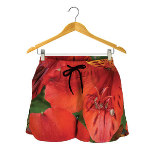 Red Alstroemeria Print Women's Shorts