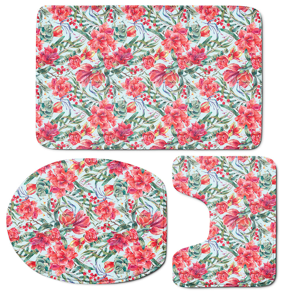 Red Amaryllis Pattern Print 3 Piece Bath Mat Set