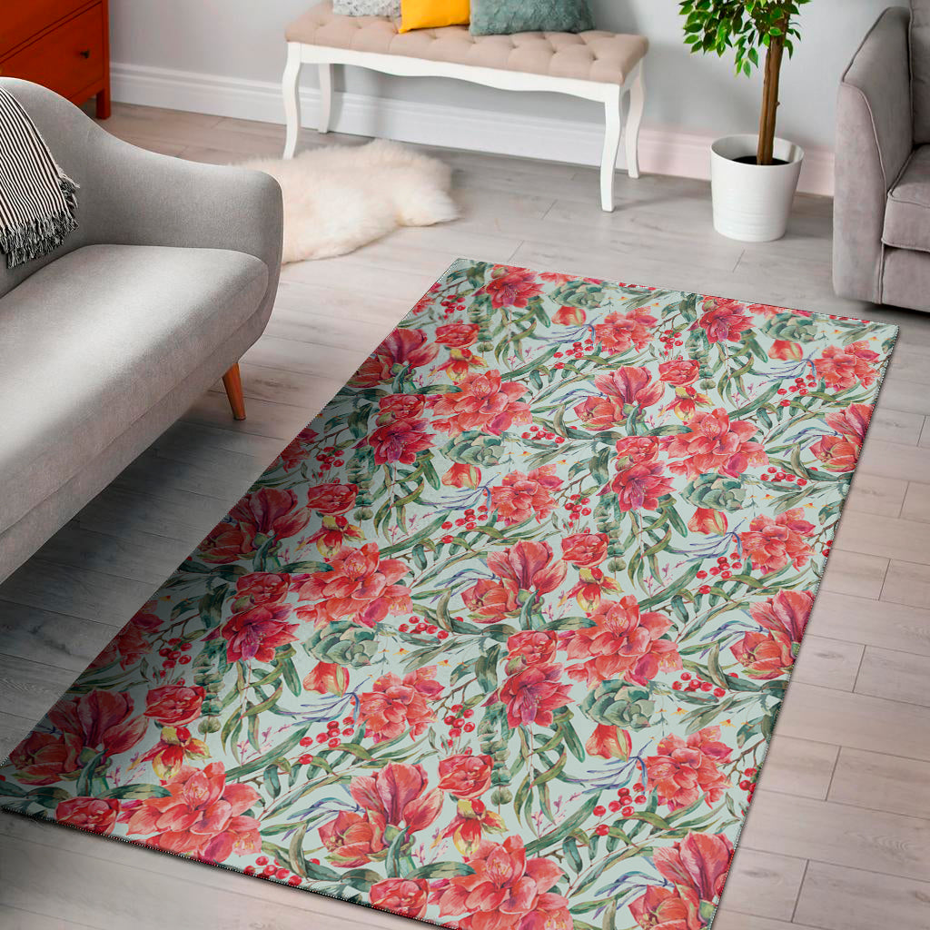 Red Amaryllis Pattern Print Area Rug