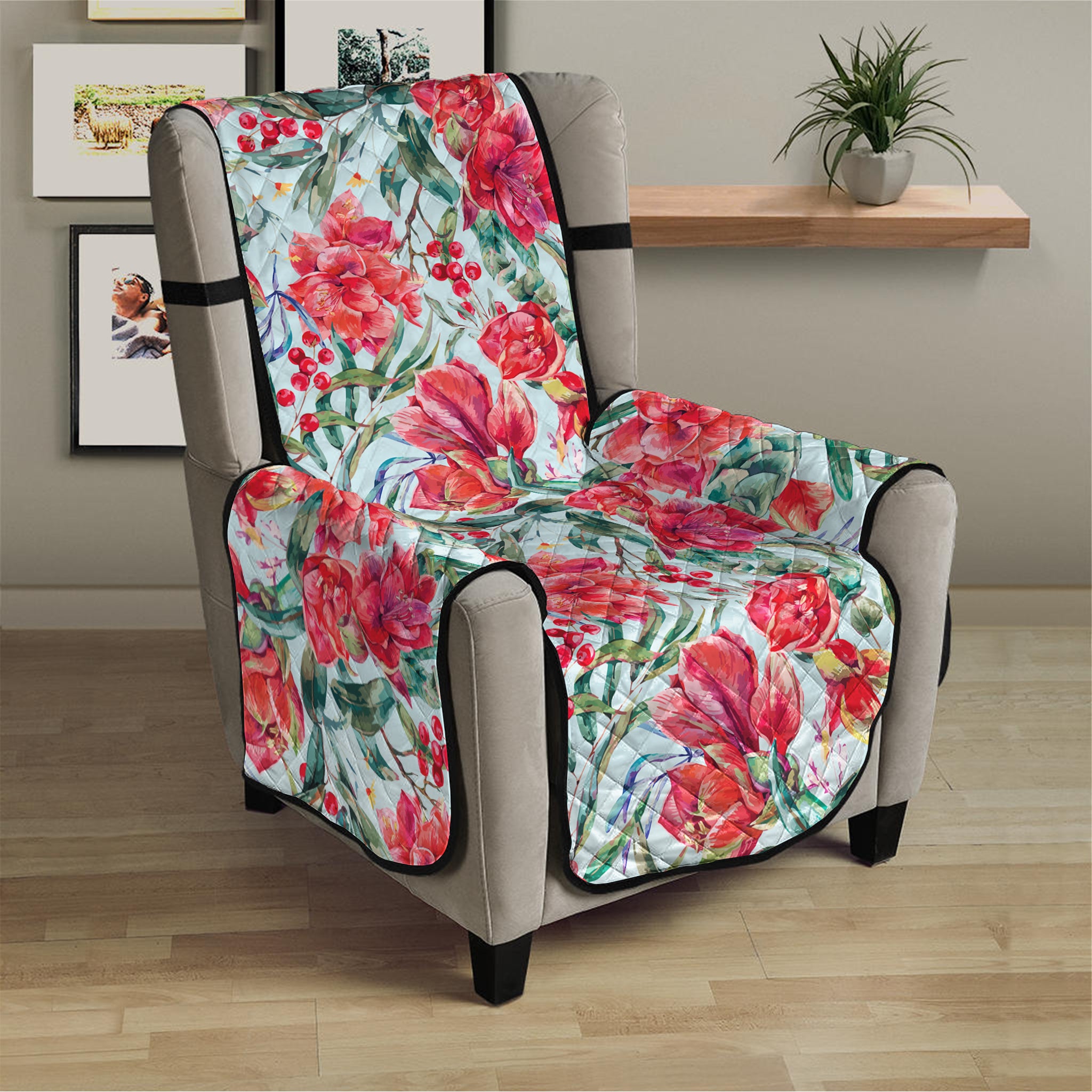 Red Amaryllis Pattern Print Armchair Protector