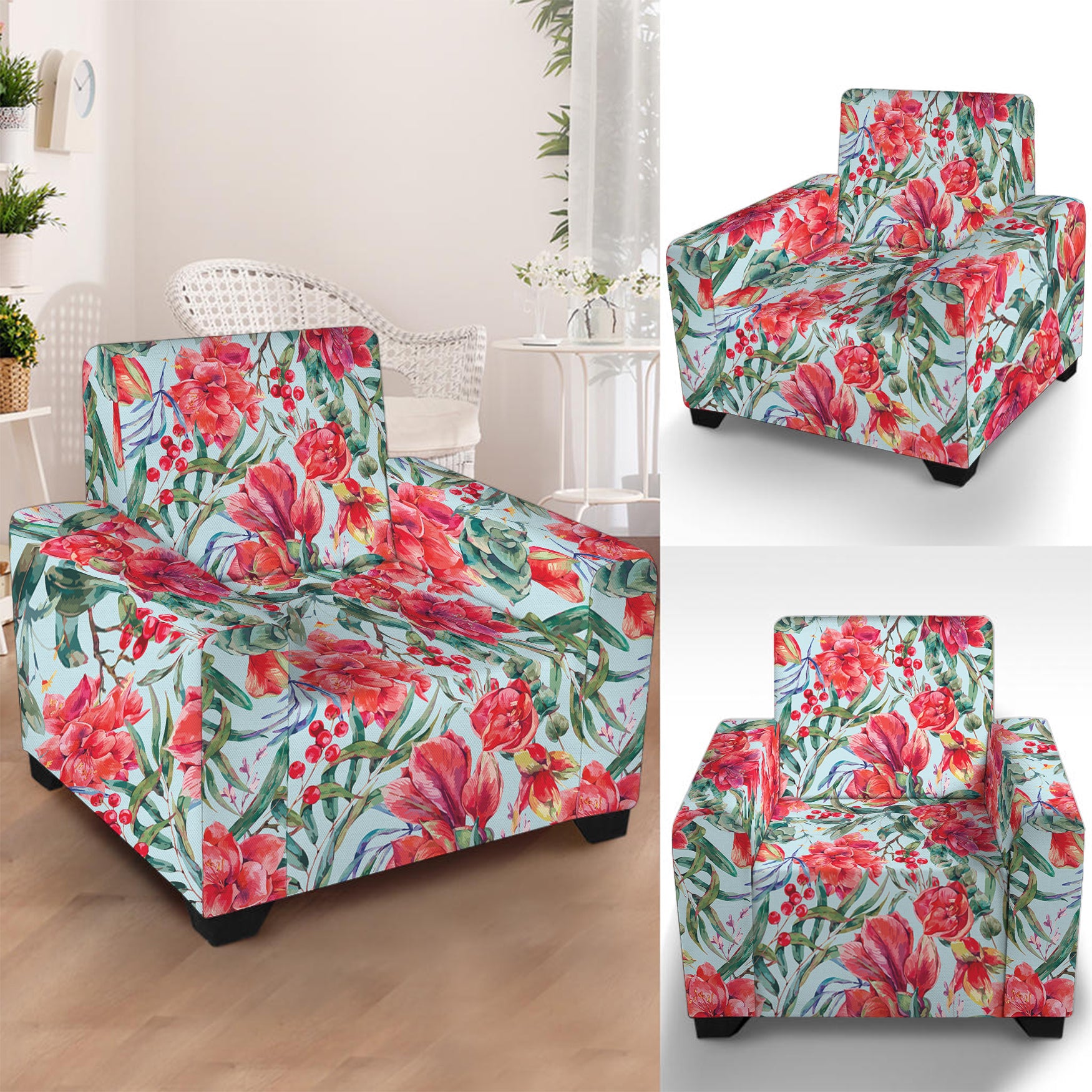 Red Amaryllis Pattern Print Armchair Slipcover