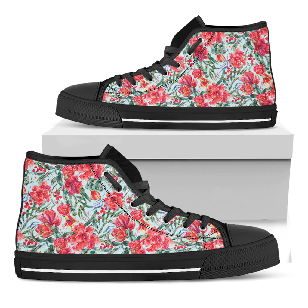 Red Amaryllis Pattern Print Black High Top Shoes