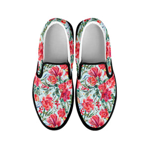 Red Amaryllis Pattern Print Black Slip On Shoes