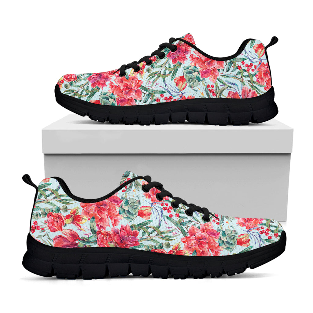 Red Amaryllis Pattern Print Black Sneakers