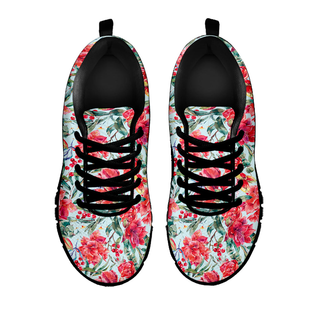 Red Amaryllis Pattern Print Black Sneakers