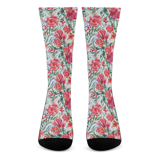 Red Amaryllis Pattern Print Crew Socks