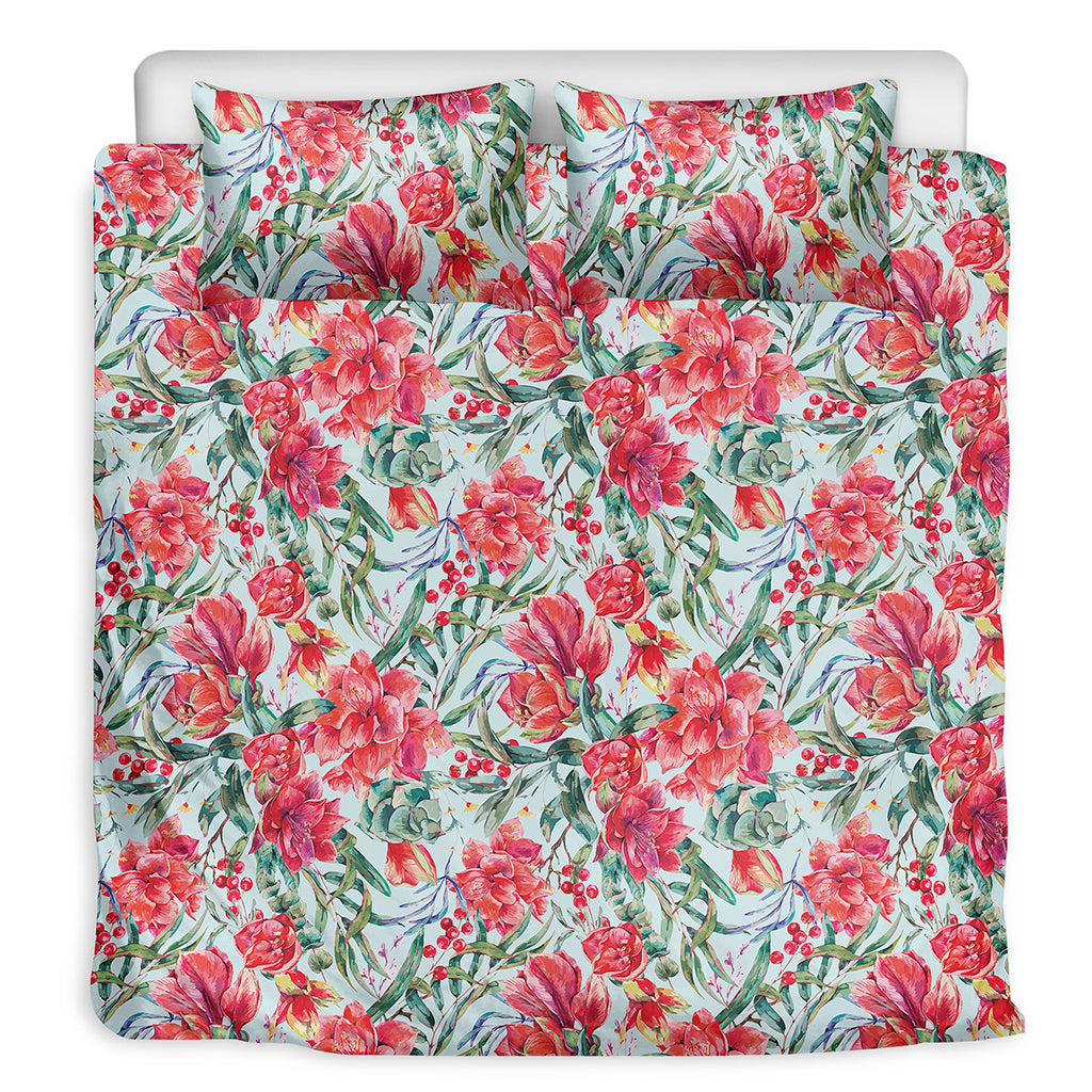 Red Amaryllis Pattern Print Duvet Cover Bedding Set