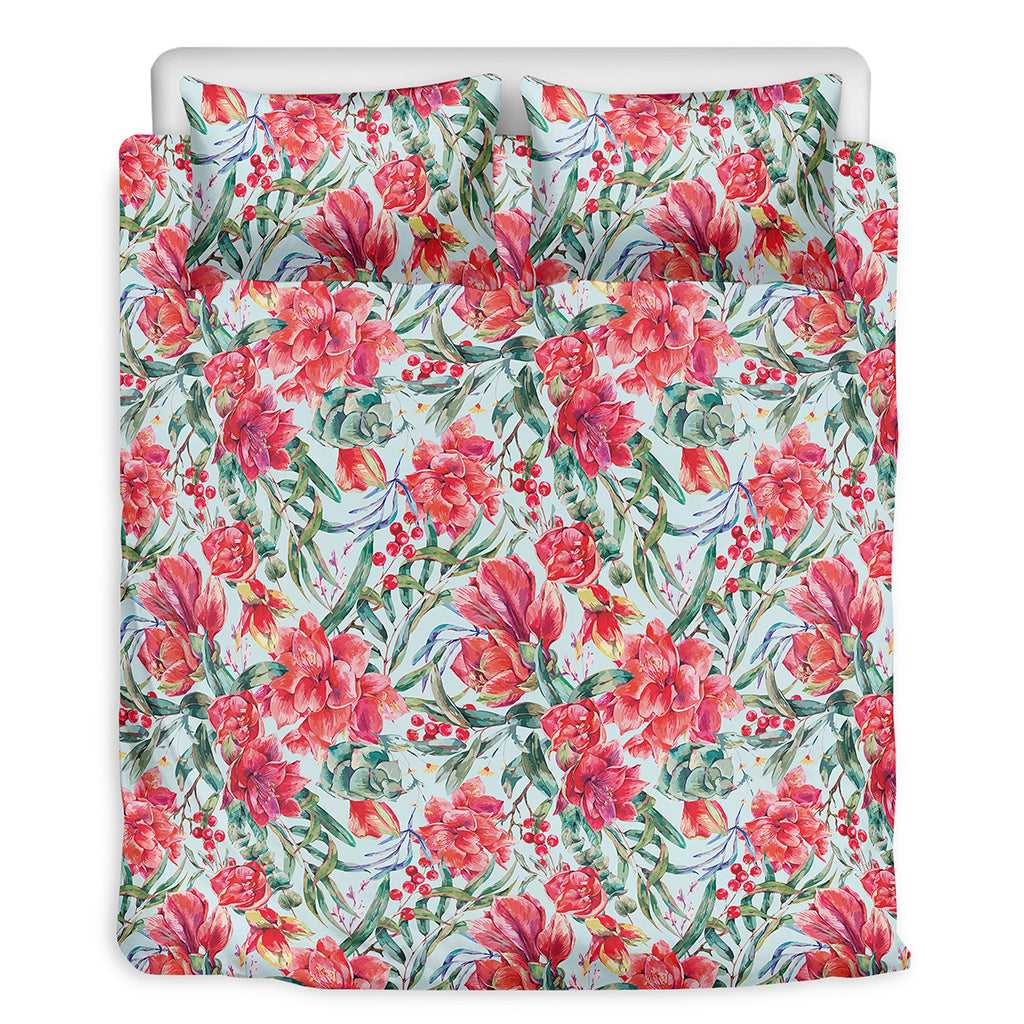 Red Amaryllis Pattern Print Duvet Cover Bedding Set