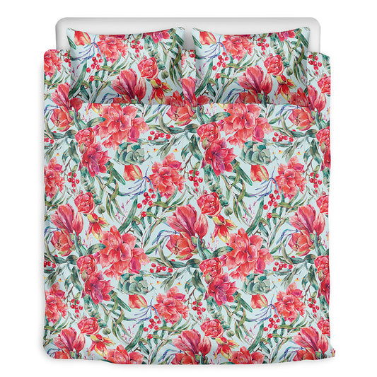Red Amaryllis Pattern Print Duvet Cover Bedding Set