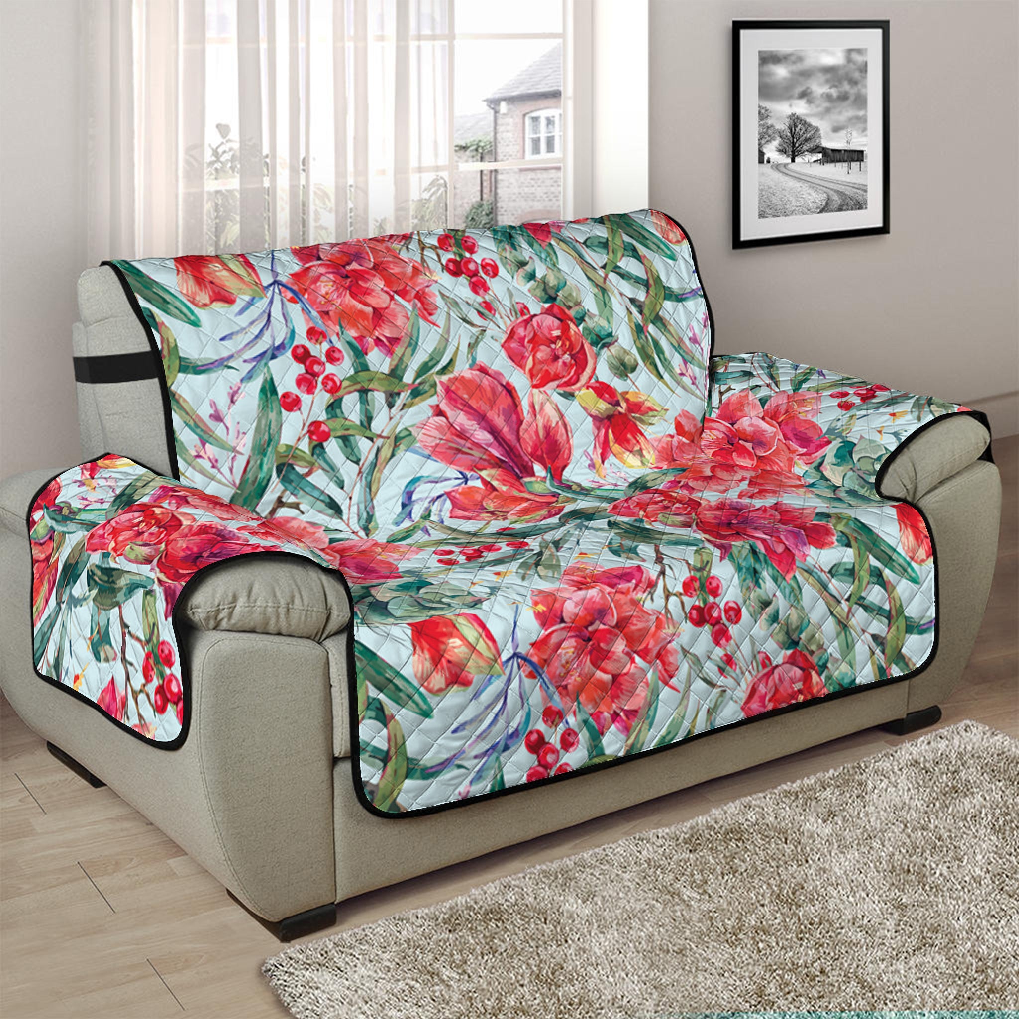 Red Amaryllis Pattern Print Half Sofa Protector