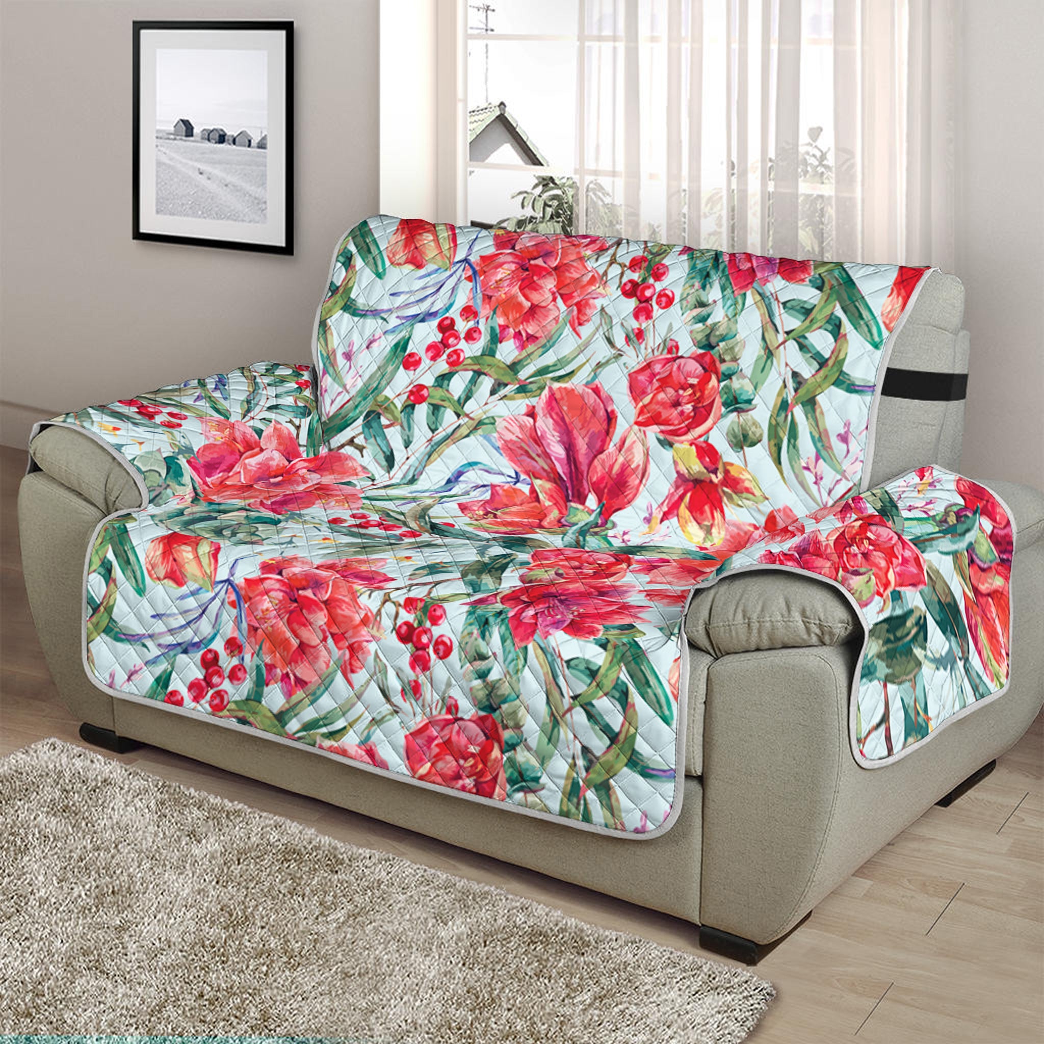 Red Amaryllis Pattern Print Half Sofa Protector