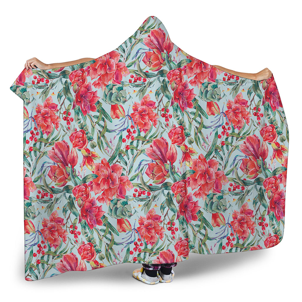 Red Amaryllis Pattern Print Hooded Blanket